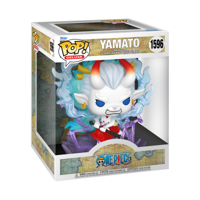 Boneco Funko Pop! Deluxe Yamato na caixa com numeração 1596 e efeitos azuis translúcidos