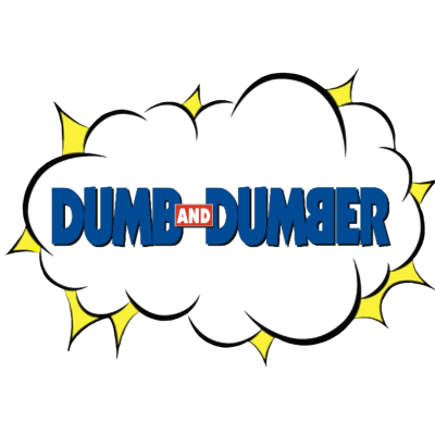 Logótipo do filme Dumb and Dumber em azul dentro de nuvem preta com estrelas amarelas