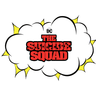 Logotipo THE SUICIDE SQUAD em nuvem preta com bordas amarelas
