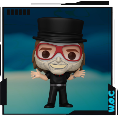 Figura colecionável com óculos vermelhos e chapéu alto preto