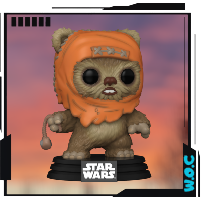 Figura Funko Pop Ewok de Star Wars com roupa laranja e base preta