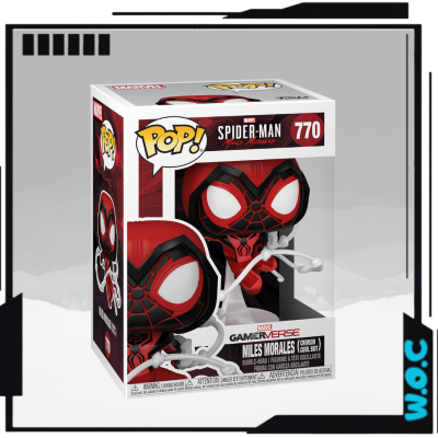 Figura Funko Pop! Miles Morales com máscara preta e vermelha dentro de caixa