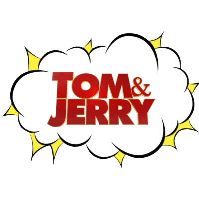 Logotipo Tom & Jerry em nuvem preta com texto vermelho e amarelo