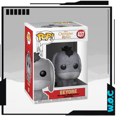 Figura Funko Pop! Eeeyore de vinil cinza na caixa branca e vermelha