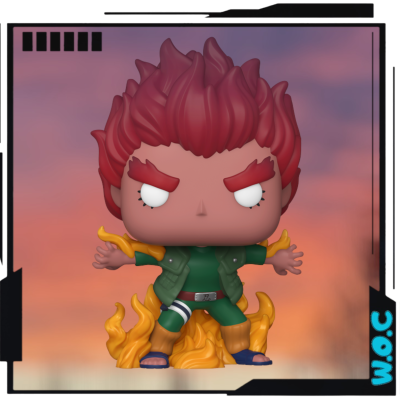 Figurina de vinil com cabelo vermelho e chamas amarelas
