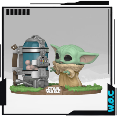 Figura Funko POP de Baby Yoda com recipiente metálico e bolas coloridas, base com logo Star Wars.