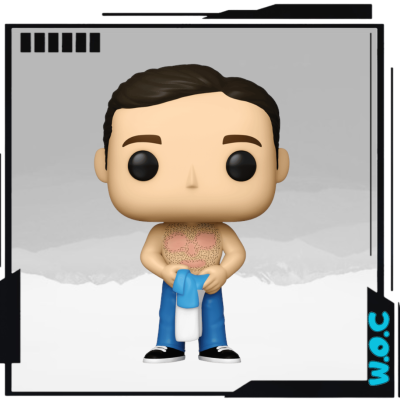 Figura Funko Pop masculina sem camisa a segurar roupa azul e branca