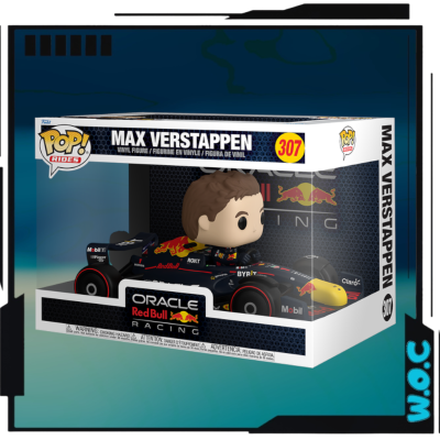 Figura Funko Pop! Max Verstappen no carro Oracle Red Bull Racing, embalagem branca e azul escura