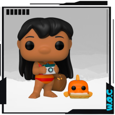 Figura Funko Pop pessoa com cabelo preto e biquíni a segurar câmara e figura pequena laranja