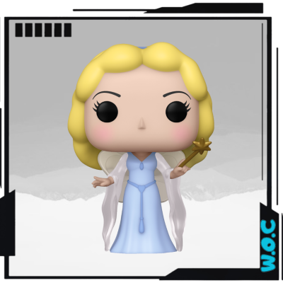 Figura Funko Pop feminina loira com vestido azul e capa branca segurando varinha mágica