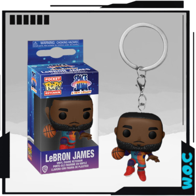 Chaveiro de plástico do LeBron James da Space Jam com embalagem azul e roxa.