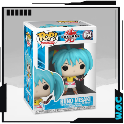 Figura Funko Pop! Runo Misaki com cabelo azul, vestido amarelo, branca e rosa, na embalagem BAKUGAN número 964.
