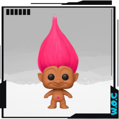 Funko Pop de troll com cabelo cor-de-rosa e botão rosa na barriga