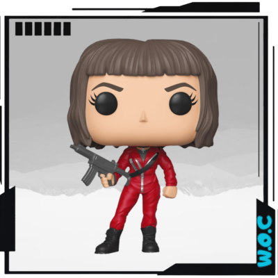 Boneco Funko Pop de personagem com fato vermelho e arma