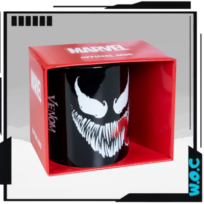 Caneca preta com desenho do Venom em caixa vermelha Marvel