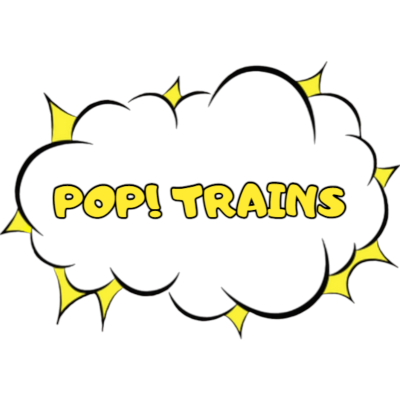 Logótipo POP! TRAINS em nuvem negra com detalhes amarelos