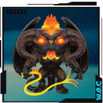 Figura colecionável de demónio com chamas e cornos