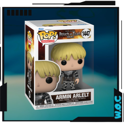Boneco Funko Pop! Armin Arlett de Attack on Titan na caixa.