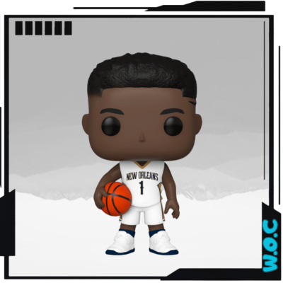 Figura Funko Pop de jogador de basquetebol com uniforme branco e bola laranja