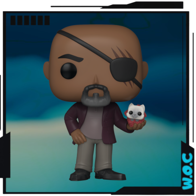 Figura colecionável Funko Pop com tapa-olho e gato branco estilizado