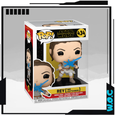 Figura Funko Pop Rey Star Wars 434 com duas espadas de luz azuis na caixa.