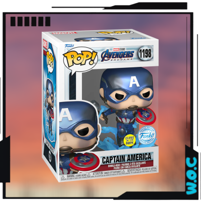 Funko Pop! Captain America na caixa com máscara azul e escudo vermelho, branco e azul.