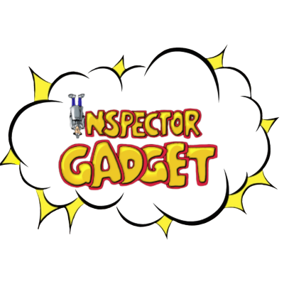 Logotipo de Inspector Gadget em nuvem preta com letras amarelas e vermelhas