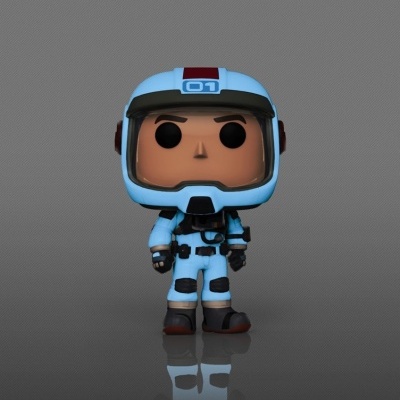 Figura Funko Pop de astronauta com fato azul claro e capacete com número 01