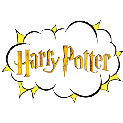 Logótipo do Harry Potter em letras amarelas numa nuvem preta com contorno amarelo