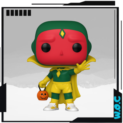 Boneco colecionável Funko Pop de personagem com roupa verde e amarela e cabeça vermelha