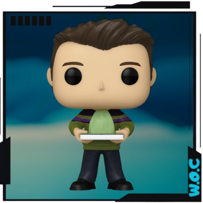 Figura Funko Pop com cabelo castanho escuro e suéter verde com riscas roxas segurando consola branca