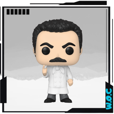 Figura Funko Pop de chef de cozinha com bigode e cabelo preto.