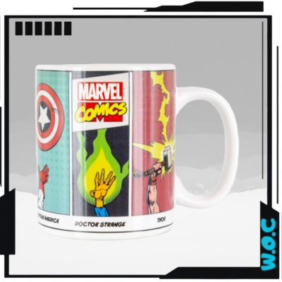 Caneca branca com design de personagens Marvel Comics Capitão América, Doctor Strange e Thor