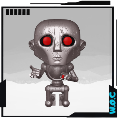 Figura de robô metálico cinza com olhos vermelhos segurando objeto vermelho