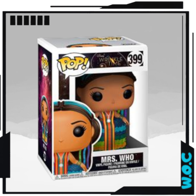 Funko Pop! Mrs. Who figura colecionável em vinil com vestido colorido dentro de embalagem.