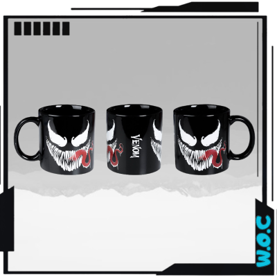 Conjunto de canecas pretas com imagem do Venom e texto 'VENOM'