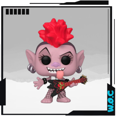 Figura Funko Pop de troll punk rosa com guitarra e cabelo vermelho