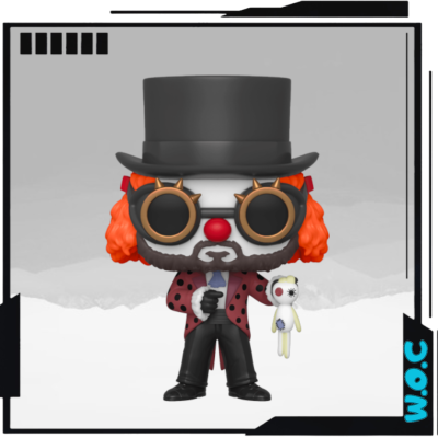 Figura colecionável com chapéu alto, óculos e roupa vermelha e preta, segurando um boneco branco.