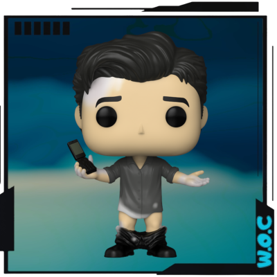 Figura Funko Pop com camisa cinzenta, calças caídas e telemóvel preto