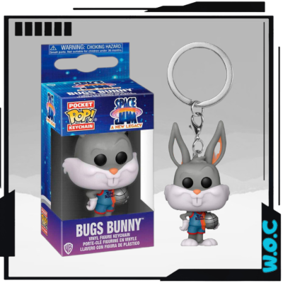Chaveiro de vinil do Bugs Bunny com roupa de basquete e caixa azul roxa da Space Jam