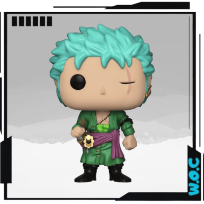 Figura Funko Pop com cabelo azul claro e túnica verde