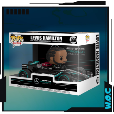Figura Funko Pop! de Lewis Hamilton no carro de Fórmula 1 na embalagem
