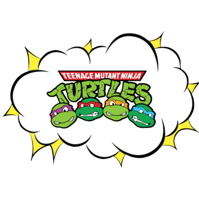 Logo das Teenage Mutant Ninja Turtles com quatro cabeças de tartarugas e texto colorido.