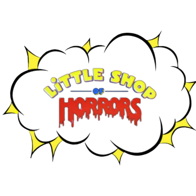 Logotipo LITTLE SHOP OF HORRORS em nuvem preta com flashes amarelos