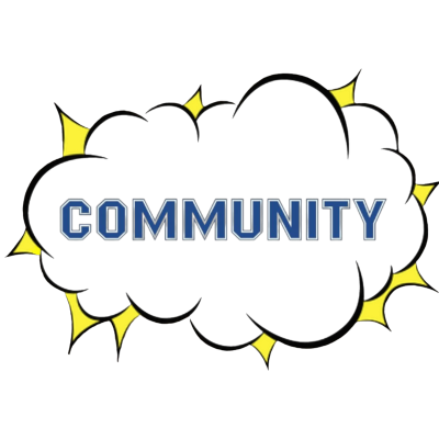 Nuvem preta com a palavra COMMUNITY em azul e raios amarelos