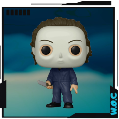 Figura Funko Pop de personagem com faca e fato azul em fundo azul