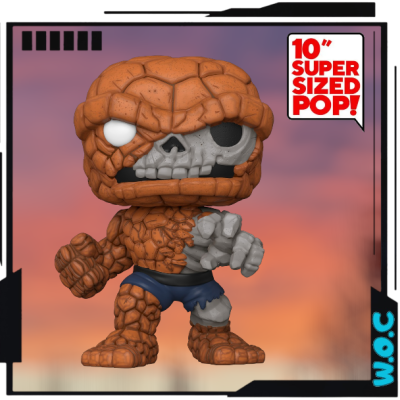 Figura Funko Pop The Thing, pedra alaranjada e meia face cinzenta, calções azuis, embalagem com texto 10