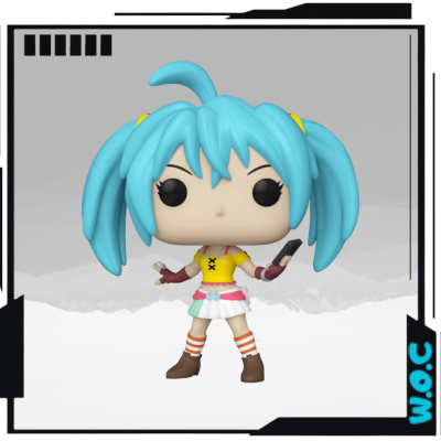 Figura colecionável Funko Pop com cabelo azul e roupa colorida