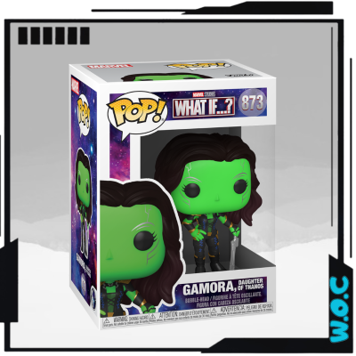 Figura Funko Pop! Gamora verde com cabelo castanho dentro de caixa com texto Marvel What If...?
