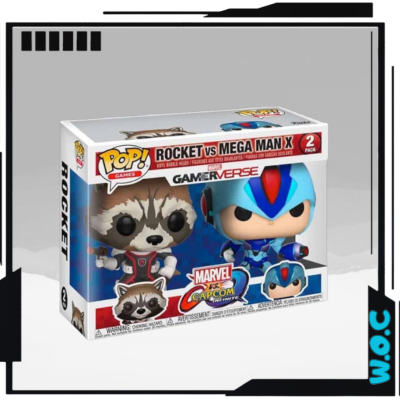 Caixa de figuras Funko Pop! Rocket vs Mega Man X com design colorido e logotipos